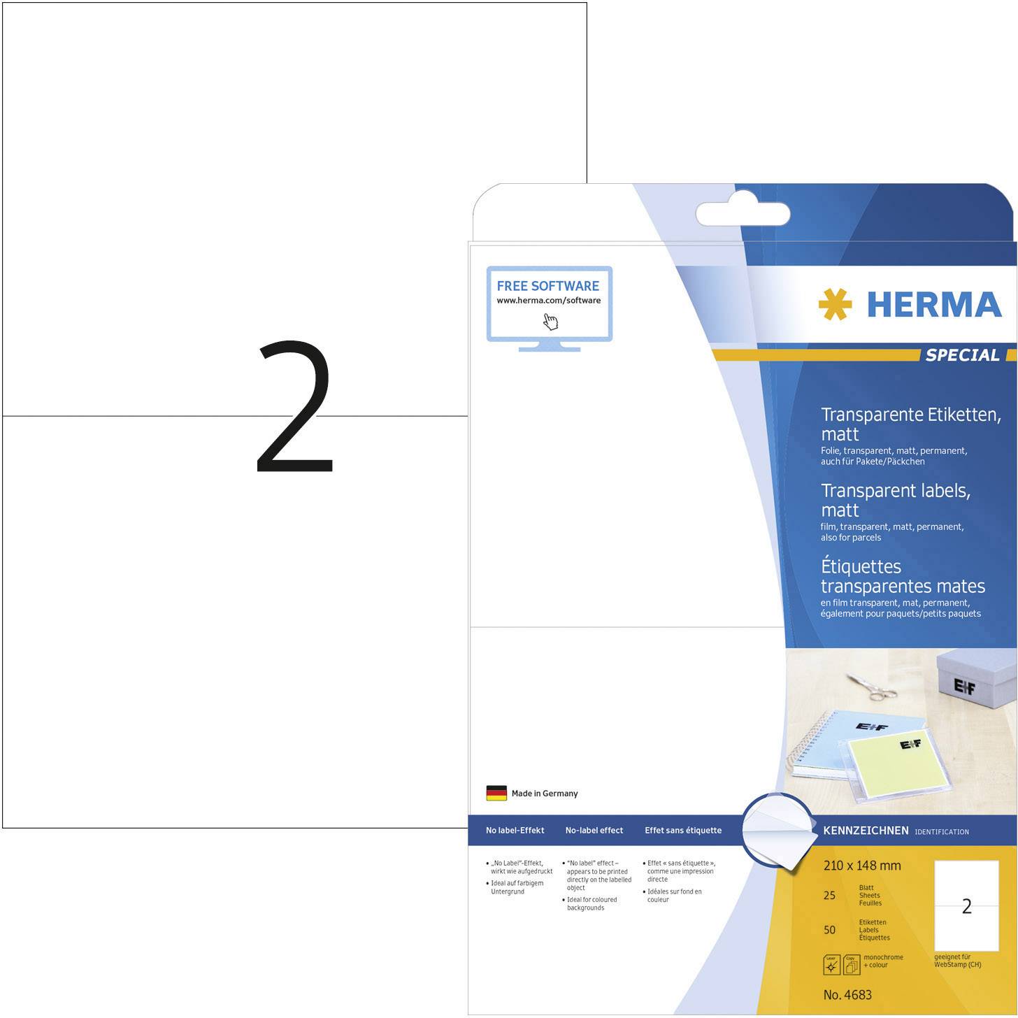 Etikettenbögen von Herma: Transparent, matt, mit 2 Etiketten pro Blatt, geeignet für Laser-Drucker. Größe: 210 x 148 mm.