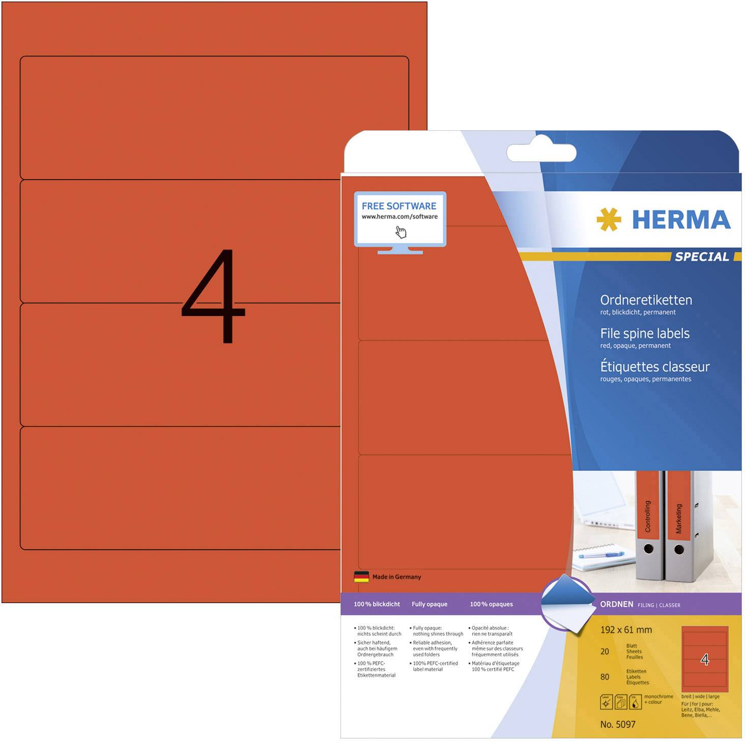 Herma 5097 Ordner-Etiketten 61 x 192 mm Papier Rot 80 St. Permanent haftend Tintenstrahldrucker, Laserdrucker, Farblaserdrucker, Kopierer