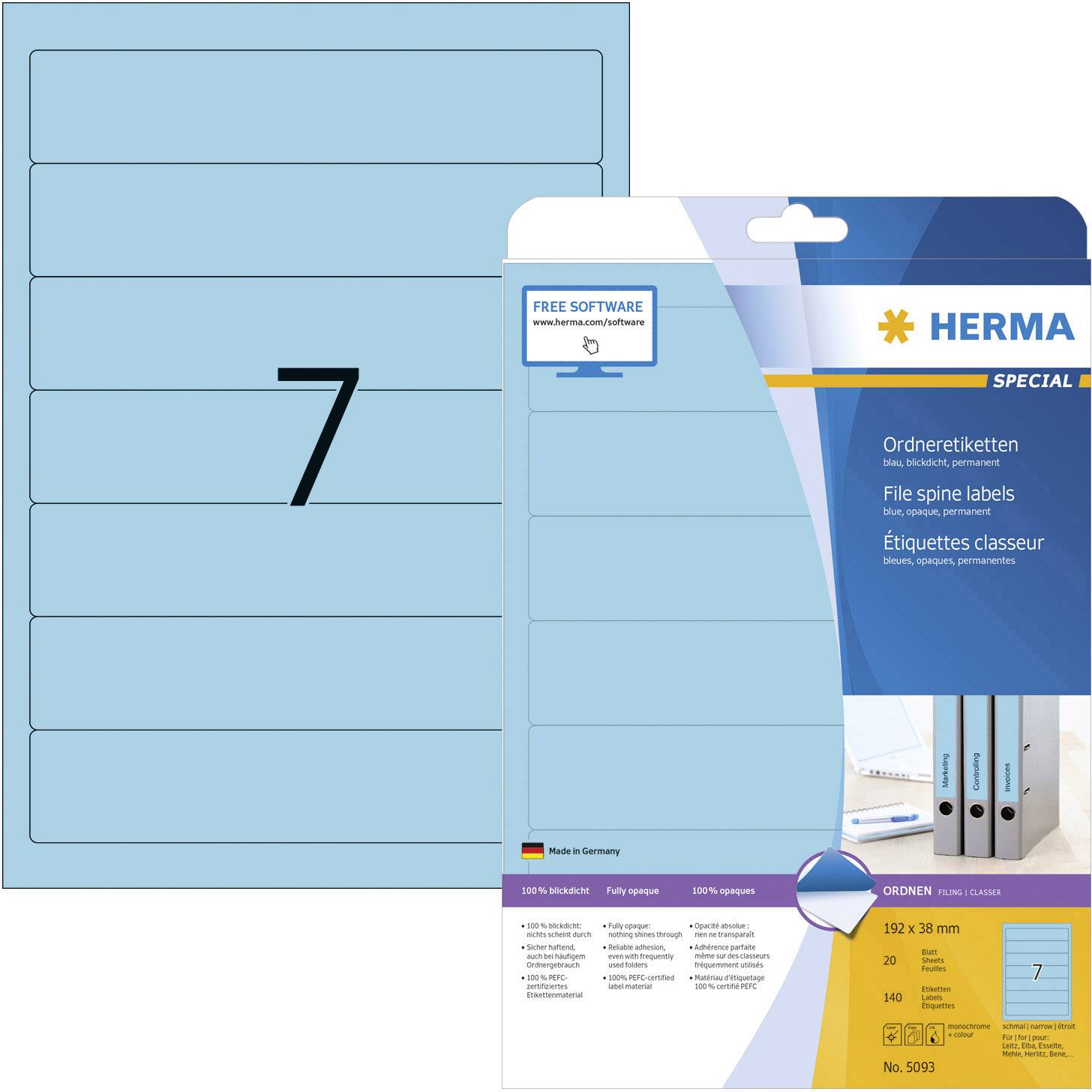 Ordneretiketten A4, 192 x 38 mm, blau, permanent haftend, für schmale Ordner (kurz)