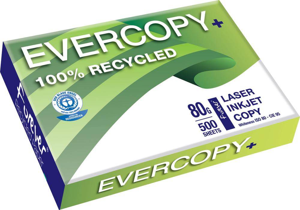 Packung Evercopy+ Papier, 100% recycelt, 80g, 500 Blatt, geeignet für Laser und Inkjet Kopierer.