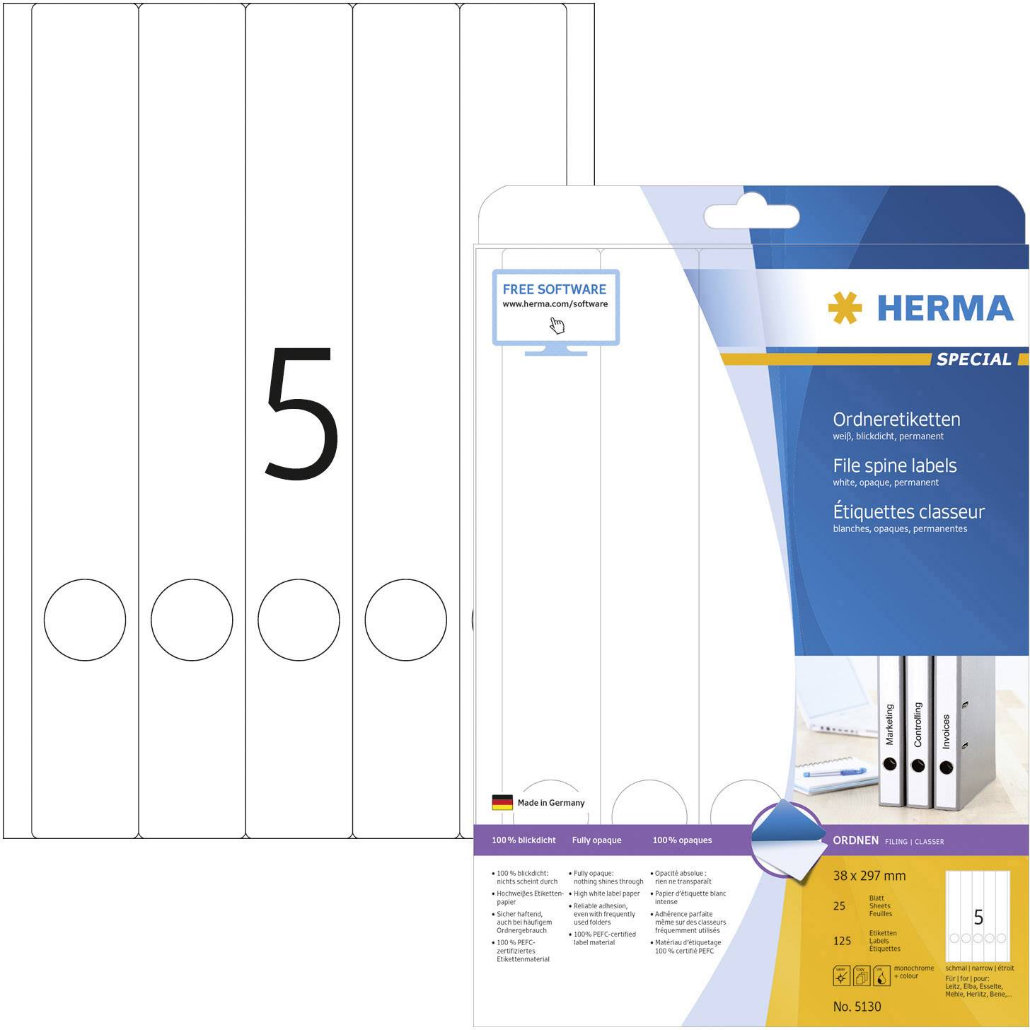 Ordneretiketten A4, 38 x 297 mm, weiß, blickdicht, permanent haftend, für schmale Ordner (lang)