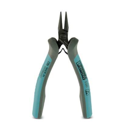 Eine Zange mit blau-grauen Griffen und langen, schmalen Backen, geeignet für präzise Arbeiten in Elektronik und Modellbau.