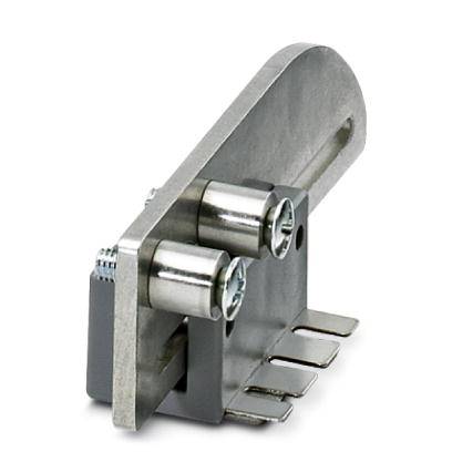 Ein Metallmechanismus mit zwei zylindrischen Rollen und mehreren Anschlussstiften, vermutlich ein Teil eines technischen Geräts oder einer Maschine.