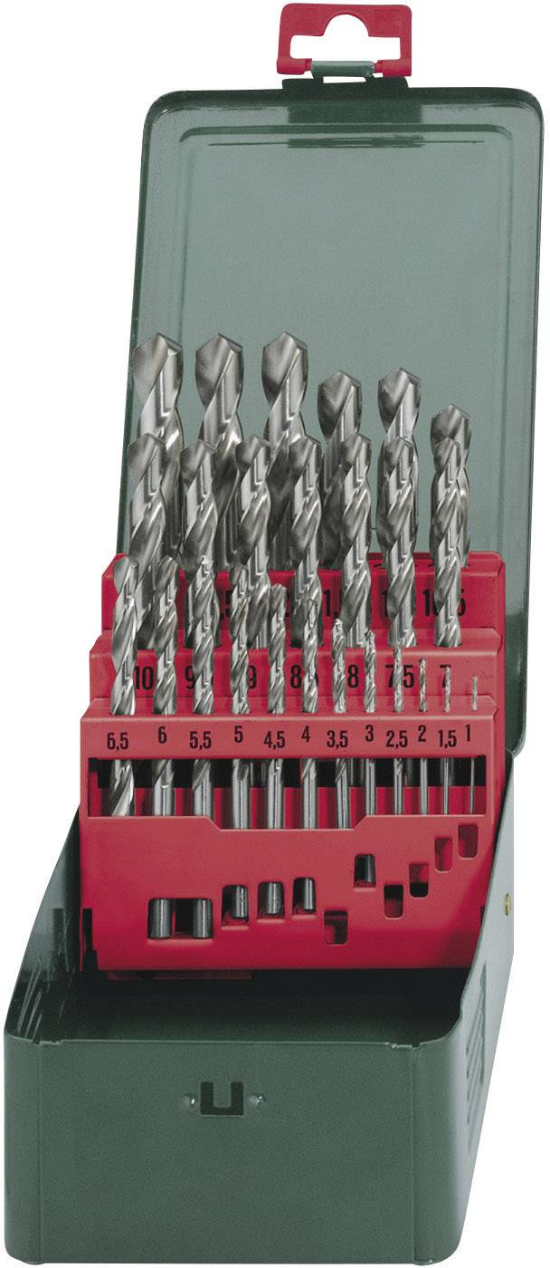 Metallbohrer-Set in einer grünen Box. Bohrer in verschiedenen Größen geordnet und beschriftet von 1,5 bis 10 Millimeter.