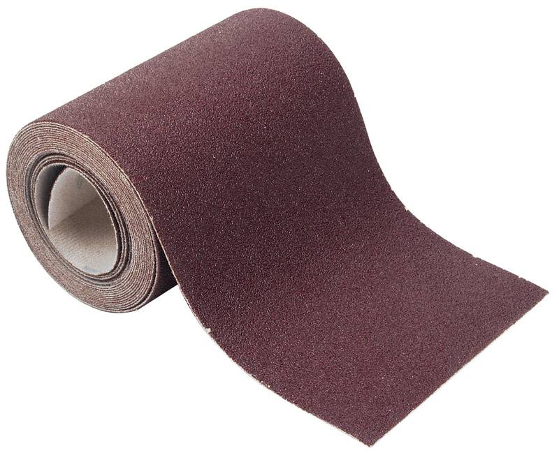 Eine Rolle Schleifpapier, braune Farbe, entfaltet auf weißem Hintergrund.