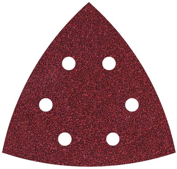Rotes dreieckiges Schleifpapier mit sechs Löchern für eine Schleifmaschine.