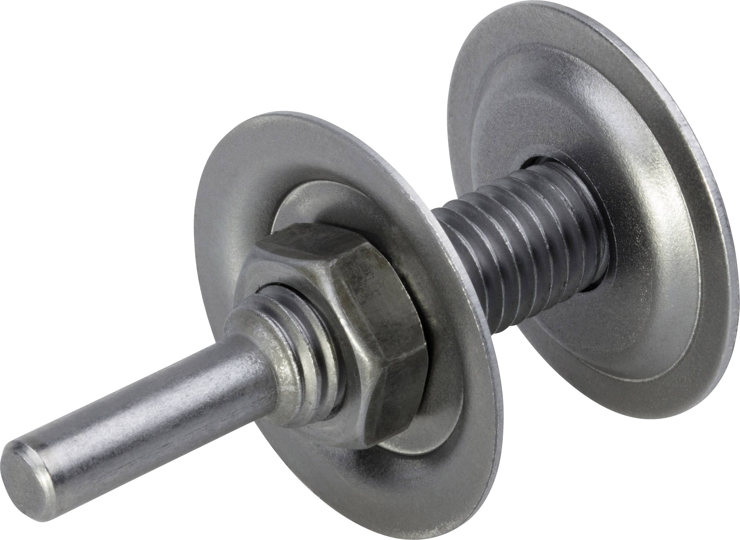 Eine Metallschraube mit Mutter, zwischen zwei Unterlegscheiben platziert. Ideal für feste Verbindungen in mechanischen Anwendungen.