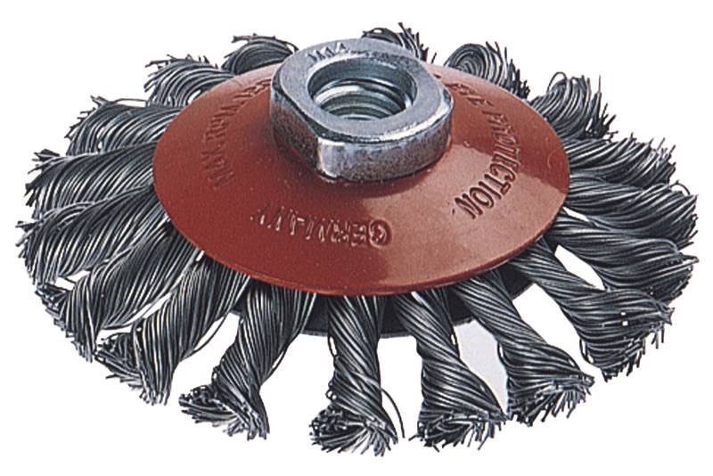 Drahtbürste mit rotem Metallkörper und spiralförmig angeordneten Borsten. Eignet sich zum Entrosten und Reinigen von Metalloberflächen.