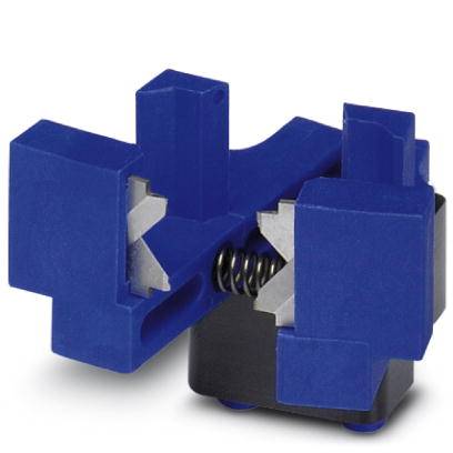 Blauer Kunststoffklemmenblock mit Metallverbindern und Federmechanismus für elektrische Verkabelung.