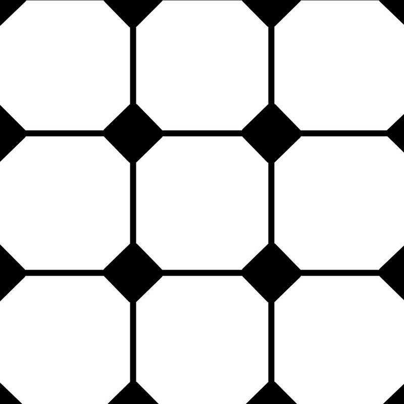Ein schwarzes, geometrisches Muster aus Sechsecken und Quadraten auf weißem Hintergrund.