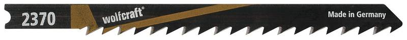 Metallsägeblatt mit der Aufschrift 'wolfcraft 2370' und 'Made in Germany'. Schwarzes Blatt mit goldenen Linien und scharfen Zähnen.