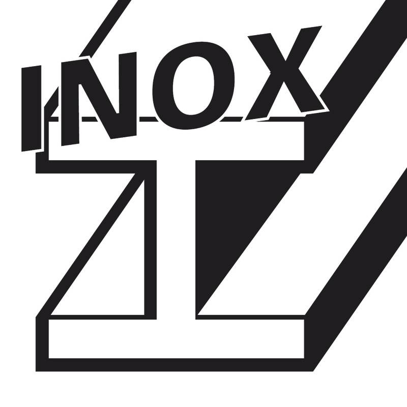 Logo mit stilisiertem 'INOX'-Text, der geometrisch auf einem modernen, schwarzem Design platziert ist.