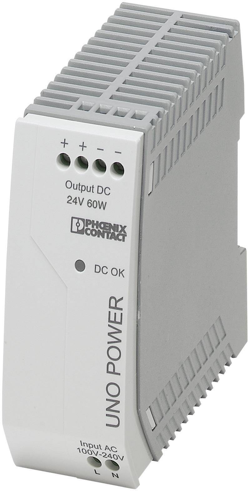 Industrie-Netzteil 'UNO POWER', Eingang AC 100-240V, Ausgang DC 24V 60W, zeigt Status-LEDs und Logos auf der Vorderseite.