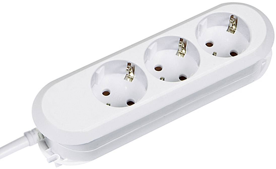 Dreifachsteckdose mit weißem Kabel, geeignet zur Erweiterung von Steckplätzen für elektronische Geräte in Haushalten oder Büros.