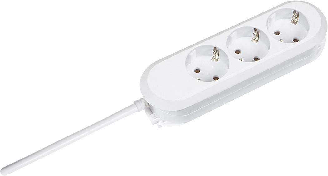 Weiße Dreifach-Steckdosenleiste mit angeschlossenem Kabel, geeignet zum Anschluss mehrerer elektrischer Geräte.