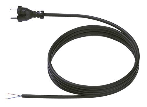 Ein langes schwarzes elektrisches Kabel mit einem Stecker am einen Ende und offenen Drähten am anderen.