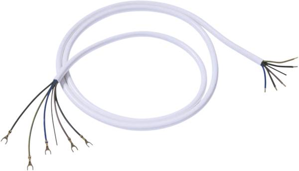 Ein weißes elektrisches Kabel mit fünf abisolierten Adern an einem Ende, auf einem weißen Hintergrund.