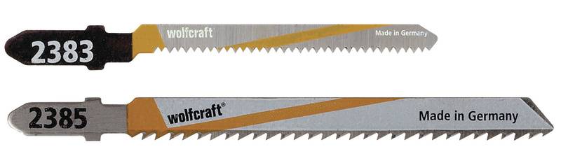 Zwei Säbelsägeblätter mit der Aufschrift 'wolfcraft' und 'Made in Germany'. Oben das Modell 2383, unten 2385.