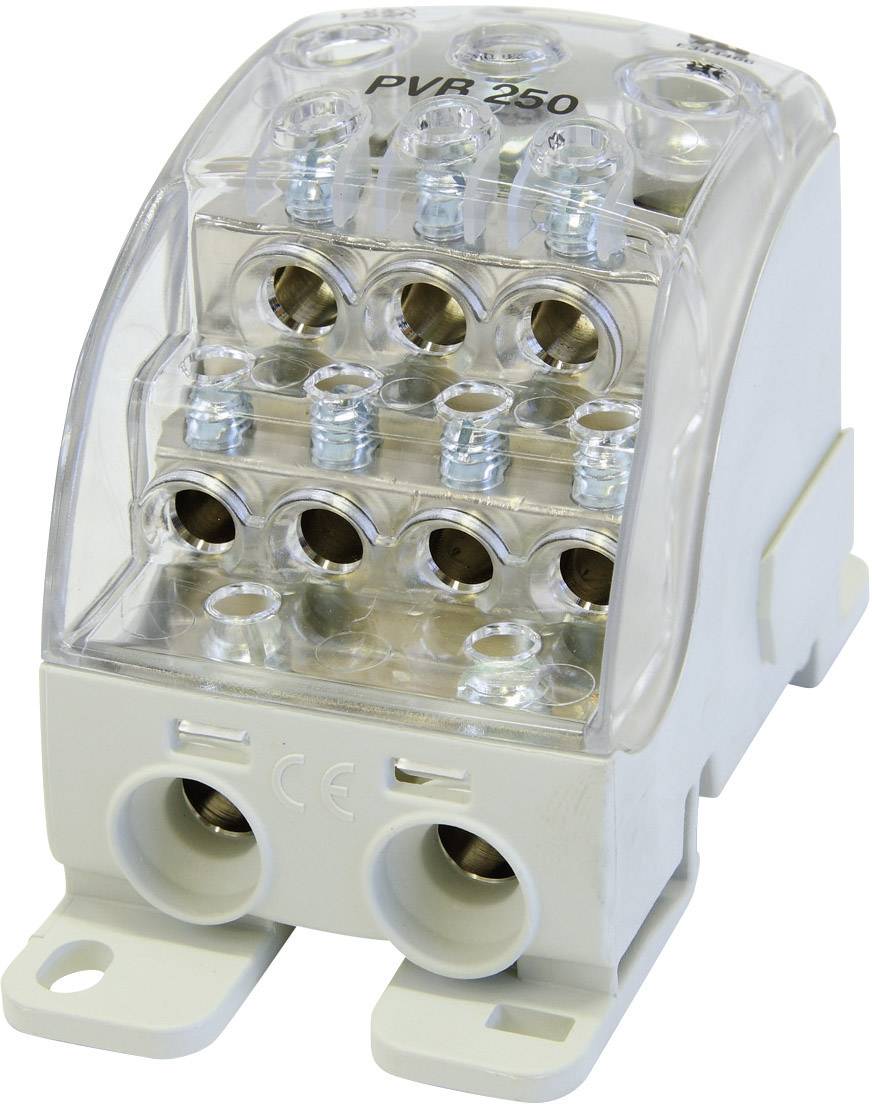 Elektrischer Verteilerblock mit mehreren Schraubklemmen, transparentem Gehäuse oben und Kunststoffunterseite. Beschriftet mit 'PVR 250'.