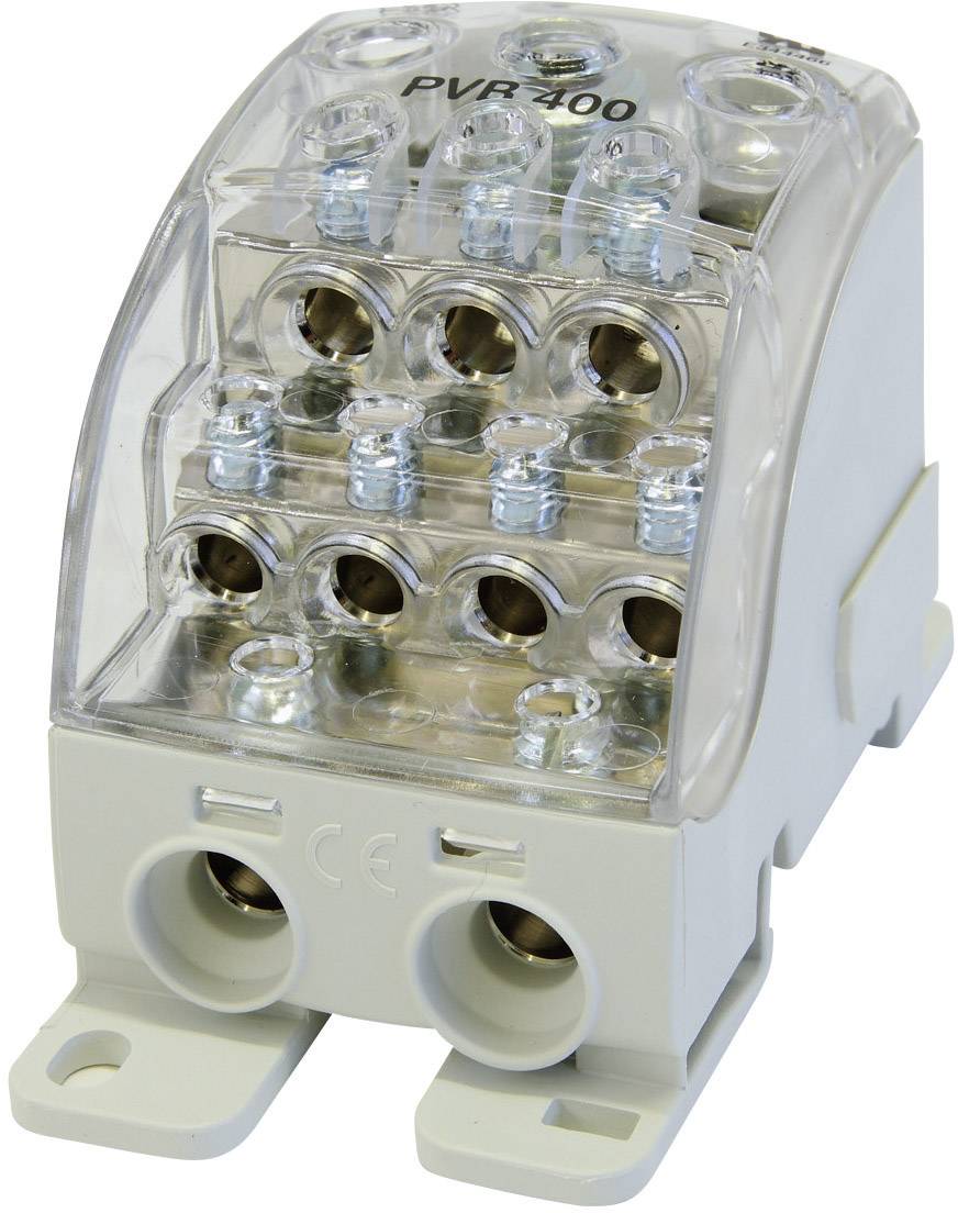 Ein transparenter elektrischer Verteilerblock mit mehreren Anschlusspunkten, Aufschrift 'PVR 400', für Verkabelungszwecke.