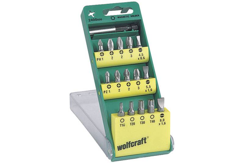 'Bit-Set von Wolfcraft' mit magnetischem Bithalter. Enthält 12 Bits in verschiedenen Größen, geeignet für PZ, PH und T-Schrauben.