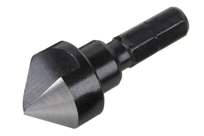 Ein schwarzer Kegelsenker aus Metall mit scharfem, konischem Kopf, geeignet zum Senken von Bohrlöchern.