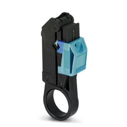 Ein schwarzes und blaues Werkzeug zum Strippen von Kabeln mit ergonomischem Griff. Ideal für präzise und sichere Kabelarbeiten.