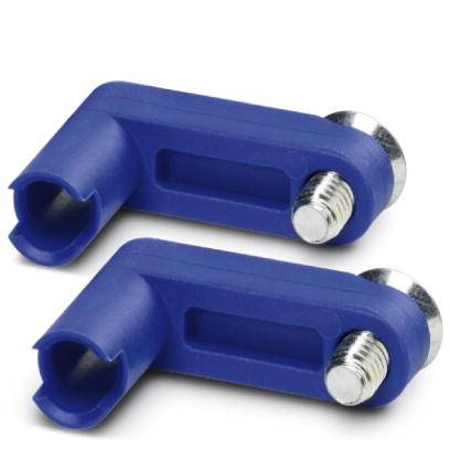 Zwei blaue rechtwinklige Kunststoffhalterungen mit silbernen Schrauben, die zur Befestigung von Gegenständen verwendet werden.