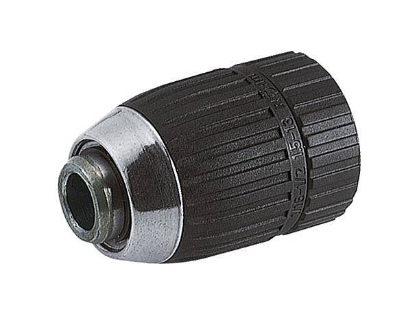 Schwarzes und silbernes Bohrfutter, zylindrisch gestaltet, mit geriffelter Oberfläche für besseren Halt bei der Werkzeugbefestigung.