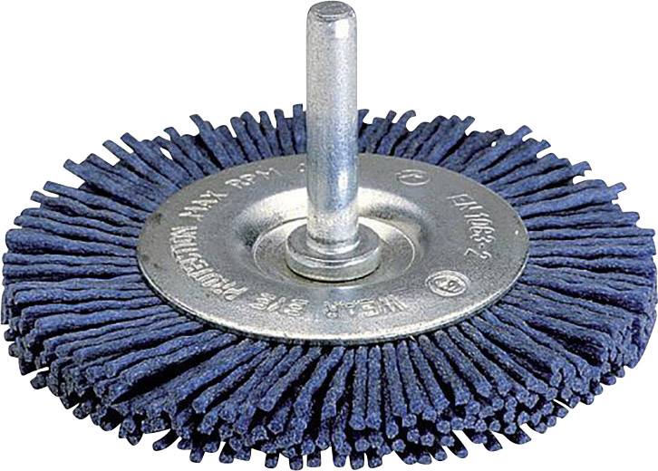 Eine runde Schleifbürste mit blauen Borsten und einem metallischen Zentrum, das für den Einsatz in Bohrmaschinen geeignet ist.