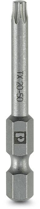 Metallischer Torx-Schraubendreher-Bit, zylindrische Form mit sechseckigem Griff, Spitze mit sternförmigen Zähnen.