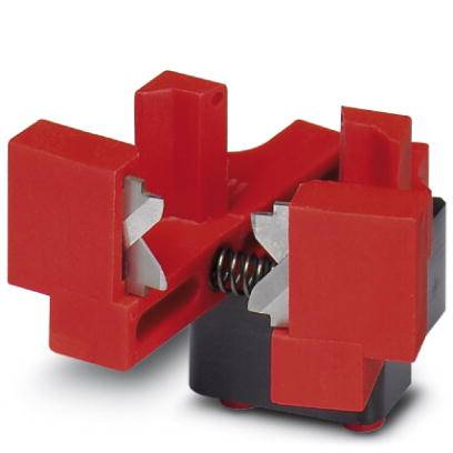 Ein roter Kabelhalter mit integriertem Mechanismus, der Drähte sicher festhält. Ideal für elektrische Verbindungen und Installationen.