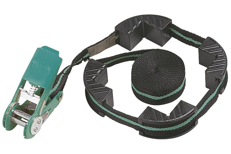 Ein grüner Ratschen-Spanngurt mit schwarzem Band und grünen Details, geeignet zum sicheren Verzurren von Lasten.