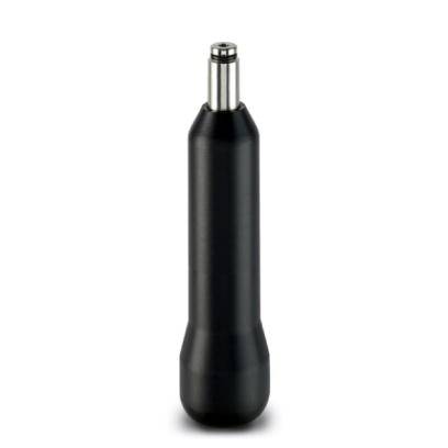 Schwarze Gewindespindel mit zylindrischem Griff und metallischem Kopfteil.