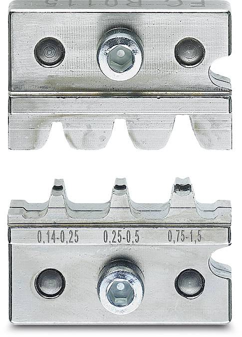 Metallschneidwerkzeug mit zwei Schneideinsätzen, obere Ansicht zeigt geriffelte Klingen, Zahlen markieren Schneidbereiche: '0,14-0,25', '0,25-0,5', '0,75-1,5'.