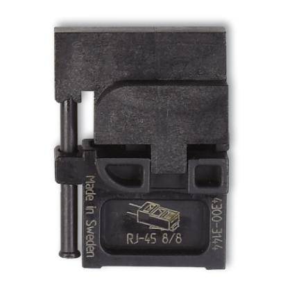 Ein schwarzes Werkzeug mit der Aufschrift 'RJ-45 8/8' und 'Made in Sweden', verwendet für Netzwerksteckerverbindungen.