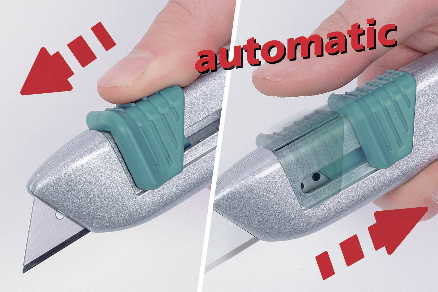 Fingers drücken auf einen grünen Schieber eines silbernen Cuttermessers. Text 'automatic' zeigt selbsttätiges Zurückziehen der Klinge.