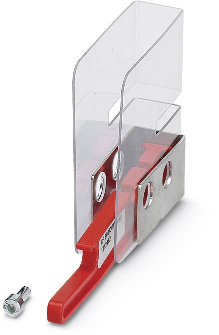 Transparente Schutzhülle mit rotem Hebel und Metallschraube. Verwendet zur Sicherung von Schaltern oder Geräten in der elektrischen Installation.