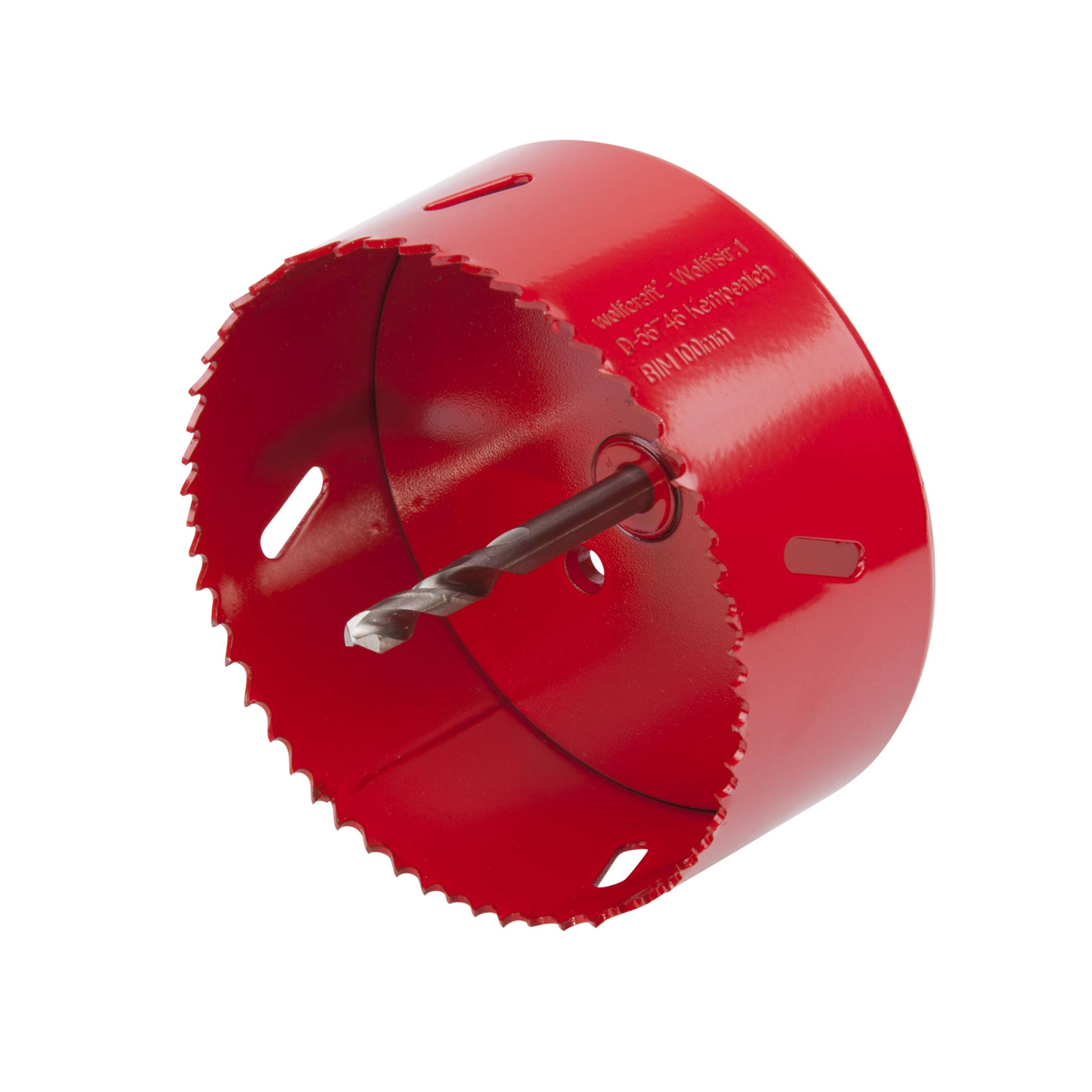 Ein roter Lochsägenaufsatz mit gezahntem Rand, verwendet zum Bohren großer runder Löcher, zeigt eine silberne zentrale Bohrspitze.