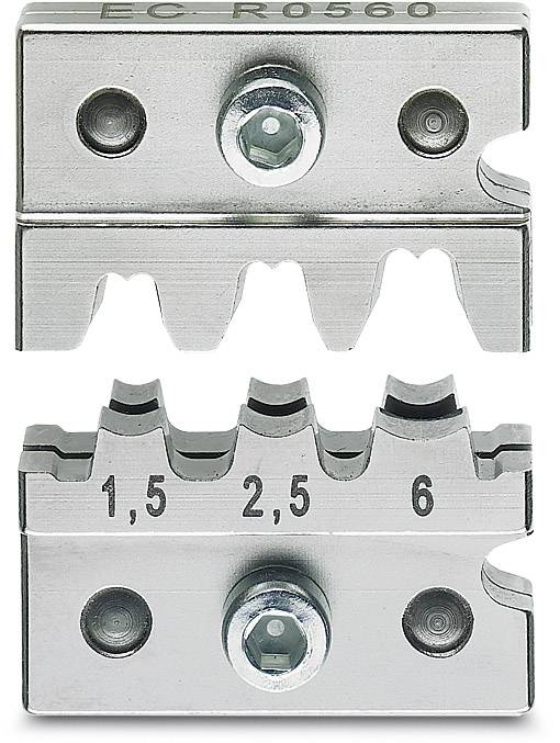 Zwei Metallklemmen nebeneinander, mit Schrauben in der Mitte, nummeriert 1,5, 2,5, 6. Oben Aufschrift 'EC-R0560'.