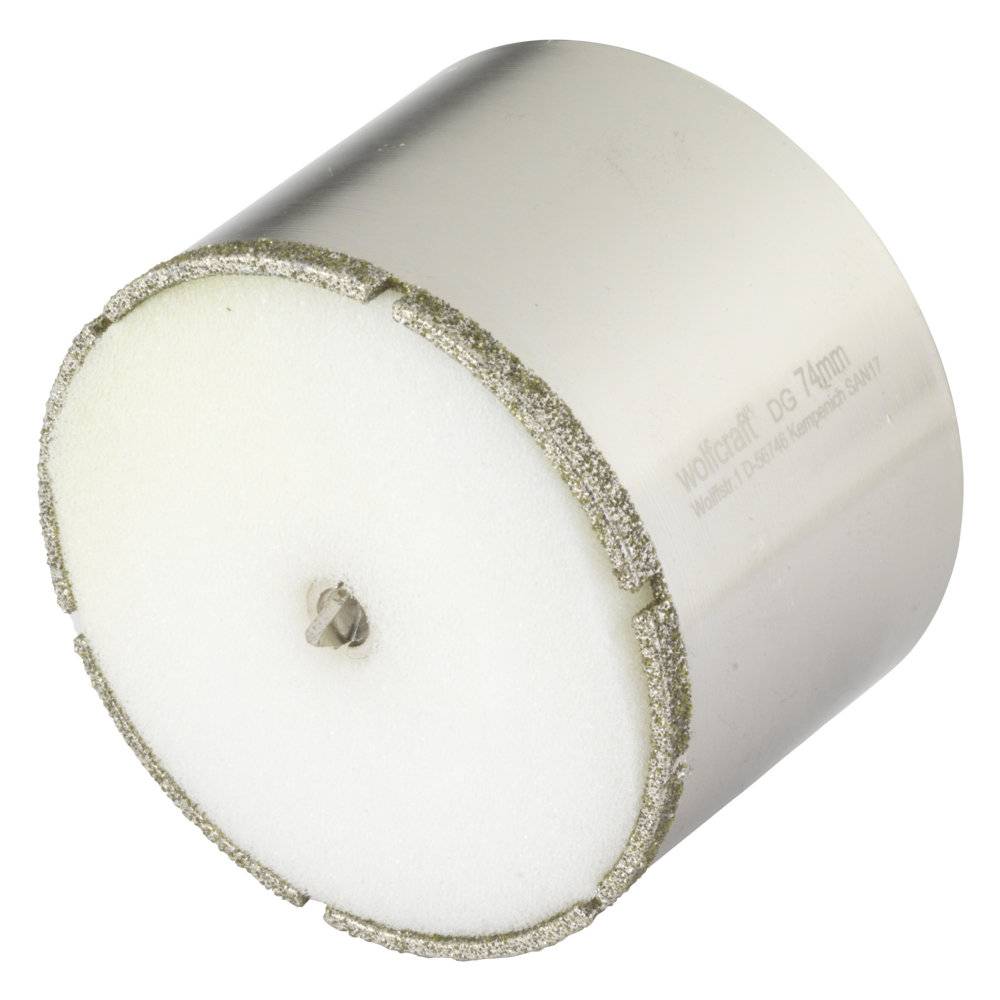 Diamant-Bohrkrone aus Metall mit 74 mm Durchmesser.