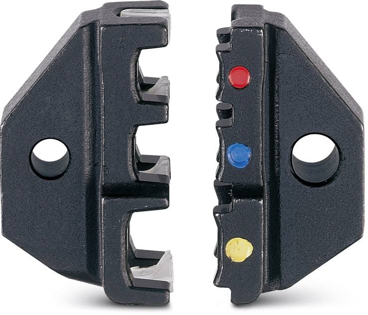 Zwei schwarze, metallische Parallelbacken mit Einkerbungen, offen gegenübersitzend. Rechts sind farbige Punkte angebracht: rot, blau, gelb.