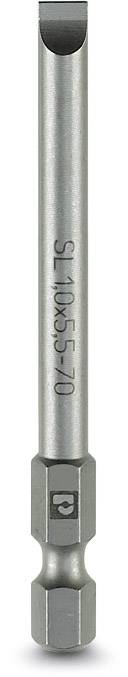 Schraubendrehereinsatz mit Schlitzklinge, Aufschrift 'SL1.0x5.5-70', graues Metall, verwendet für Arbeiten mit Schlitzschrauben.