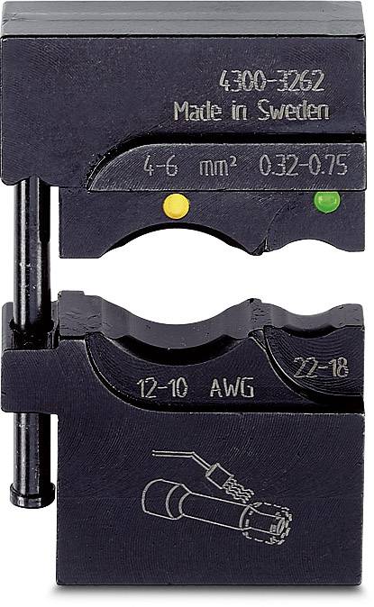 Werkzeug zur Kabelverarbeitung, hergestellt in Schweden, mit Maßangaben 4-6 mm², 0,32-0,75 AWG 22-18, 12-10 und Bild einer Kabelverbindung.