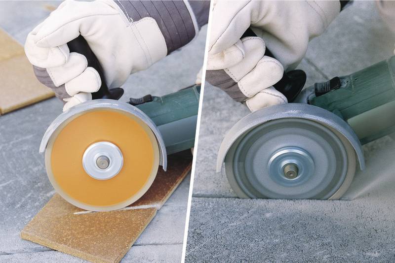 Zwei Seitenansichten von Winkelschleifern, einer mit einer orangefarbenen Scheibe, der andere mit einer grauen, die unterschiedliche Materialien schneiden.