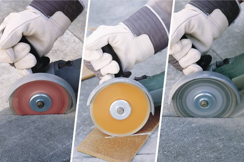Drei Bilder zeigen das Schneiden von Materialien mit einer Trennscheibe: Beton, Keramik und Metall, jeweils mit unterschiedlichen Scheiben.