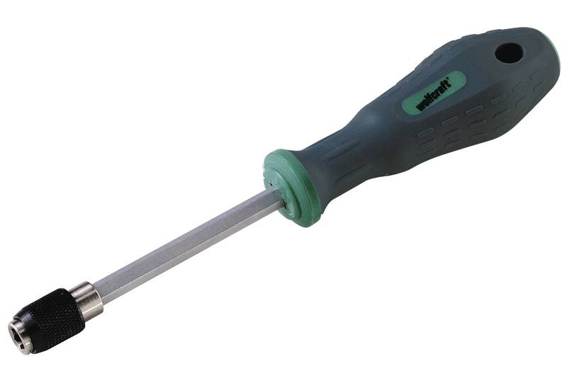 Schraubendreher mit grünem Griff und magnetischem Sechskantkopf, geeignet zum einfachen Wechseln und Halten von Schraubenaufsätzen.