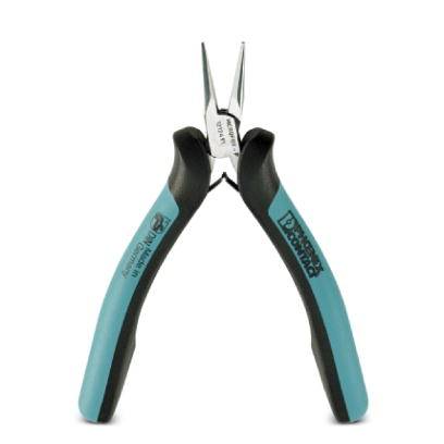 Eine Zange mit blauen Griffen und spitzen Metallbacken liegt auf weißem Hintergrund. Sie ist für präzise Arbeiten geeignet.