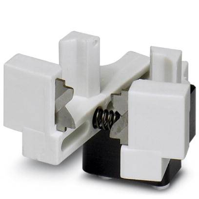 Weißer Kunststoffstecker mit Metallklemmen und Feder in der Mitte, ein kleiner Bauteil für elektrische Verbindungen.