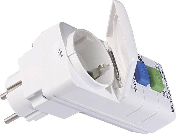 Ein weißer Schutzkontaktadapter mit Ein-/Aus-Schalter, dient zum Schutz von Elektrogeräten. Er hat eine abnehmbare Abdeckklappe.
